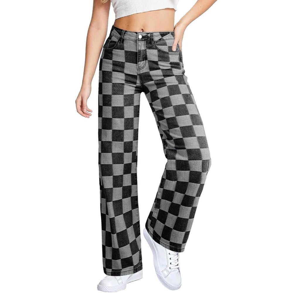Women's Wide Leg Denim Pants Cotton Blend High Waisted Checkered Casual